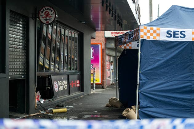 Australia, Melbourne, Footscray: Dragon Hot Pot’s shop front damaged following a collision with a vehicle