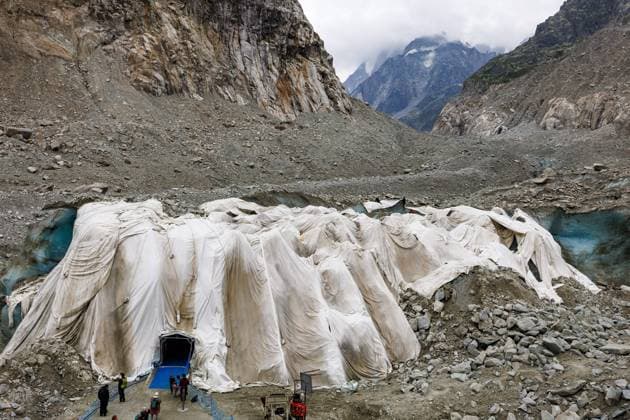 France: Geotextile sheets installed to protect the Mer de Glace on Mont Blanc