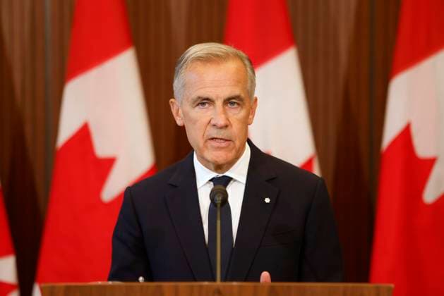 Canada: Mark Carney at a press conference on new US tariffs on Parliament Hill in Ottawa