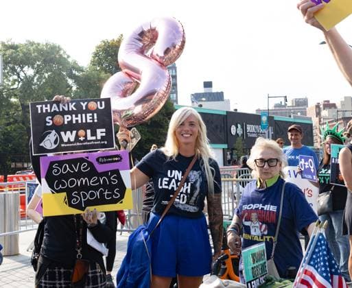 USA, Protesters outside the Barclays Centre during the WNBA match between the Liberty and the Fever in New York