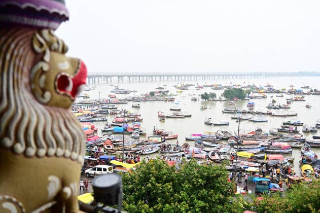 India: Flooding at the Sangam in Prayagraj following the rising waters of the Ganges and Yamuna