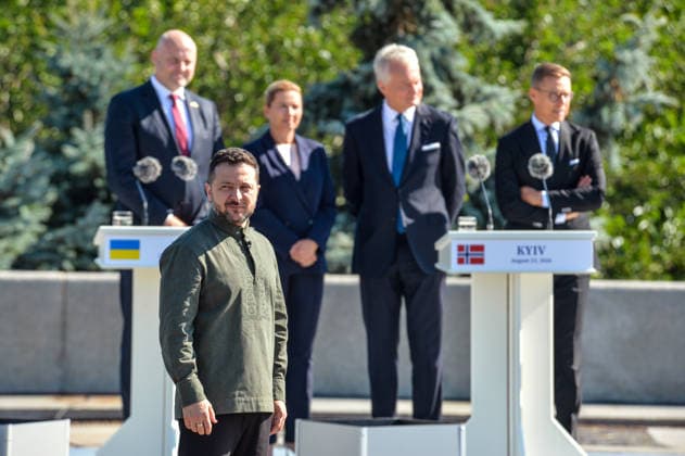 Ukraine: Volodymyr Zelenskyy with state guests at a flag-raising ceremony outside the National Museum in Kyiv