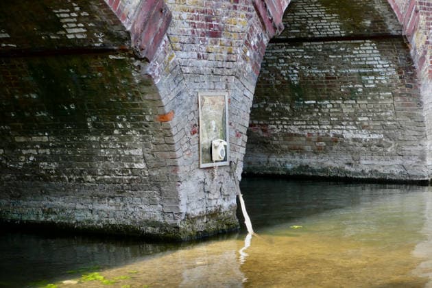 United Kingdom, ‘Emergency Flood Line’ art installation at Sonning Bridge in Berkshire