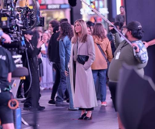 Celebrity: Jennifer Aniston on set for *The Morning Show* in New York