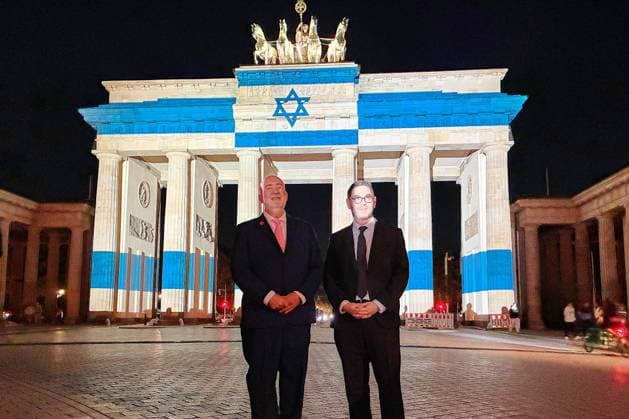 Berlin: the Brandenburg Gate lit up in the colours of Israel to mark the anniversary of the Hamas terrorist attack