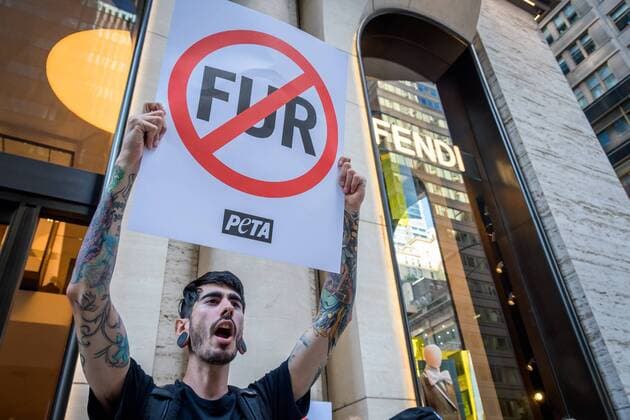 New York, animal rights activists protest in front of luxury model shops against furs