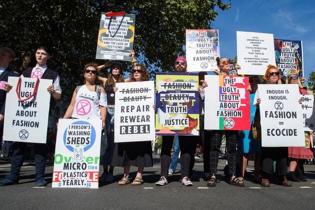 London, extinction rebellion protest on the fringes of Fashion Week