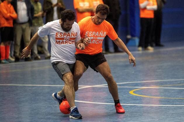 Spain, Albert Rivera plays football at election campaign event of Ciudadanos