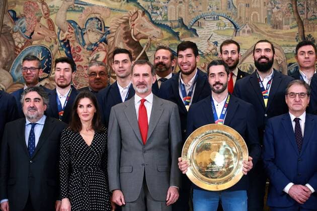 King Felipe of Spain receives the national handball team in Madrid