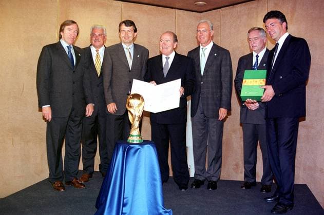 v.l.: Günter Netzer, Koordinator Fedor Radmann, Wolfgang Niersbach, FIFA-Präsident Sepp Blatter, Franz Beckenbauer, Horst R. Schmidt, FIFA-General Michel Zen-Ruffinen - die deutsche Delegation überreicht das Bewerbungsdossier an die FIFA-Führung Fußball WM Herren Weltmeisterschaft 2006, Kandidatur 1999, Bewerbung, Bewerber, Kandidat, Ausrichtung, Gruppe Zürich