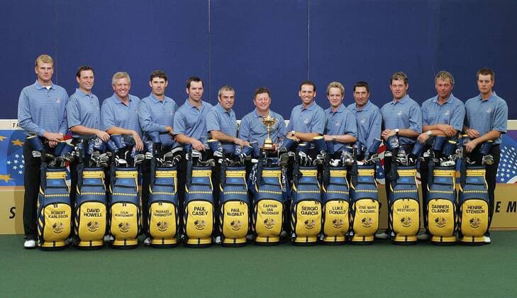 Team Europa, v.li.: Robert Karlsson (Schweden), David Howell (England), Colin Montgomerie (Schottland), Padraig Harrington (Irland), Paul Casey (England), Paul McGinley (Irland), Ian Woosnam (Wales).. - (STR20060721023) Golf Herren Ryder Cup 2006, Rydercup, PGA Tour, Vorstellung, Präsentation, Pressetermin, Vdig, Aufmacher Totale Golfbag, Golfbags, Golftasche, Golftaschen Straffan, Schlägertasche, Schlägertaschen Golf Herren Ryder Cup 2006, Rydercup, PGA Tour, Vorstellung, Präsentation, Pressetermin, Vdig, Aufmacher Totale Golfbag, Golfbags, Golftasche, Golftaschen Straffan, Schlägertasche, Schlägertaschen