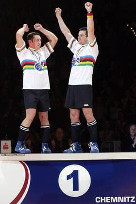 Christian Hess (li.) und Thomas Abel (beide Deutschland) - Radballweltmeister 2006 Radsport WM Herren WM 2006, Länderspiel, Hallenradsport, Halle, Indoor, Radball, Nationalteam, Rad Gruppe Chemnitz Freude, Begeisterung, Radsport WM Herren WM 2006, Länderspiel, Hallenradsport, Halle, Indoor, Radball, Nationalteam, Rad Gruppe Chemnitz Freude, Begeisterung,