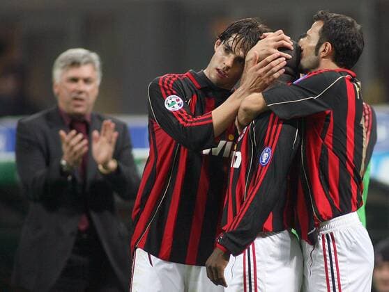 Torjubel AC Mailand, v.li.: Kaka, Clarence Seedorf und Giuseppe Favalli - Fußball Herren Serie A 2006 2007, 1. Italienische Liga, AC Mailand Gruppe Milan Mailand Glück, Harmonie, Freude Fußball Herren Serie A 2006 2007, 1. Italienische Liga, AC Mailand Gruppe Milan Mailand Glück, Harmonie, Freude