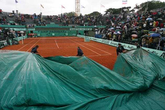 Regenpause bei den French Open 2007 - Helfer ziehen eine Regenplane über den Center Court Tennis Herren French Open 2007, Grand Slam, ATP Tour, Sand, Sandplatz, Sandplatztennis, Sandplatzturnier Totale Roland Garros, Innenansicht Paris Tennis Herren French Open 2007, Grand Slam, ATP Tour, Sand, Sandplatz, Sandplatztennis, Sandplatzturnier Totale Roland Garros, Innenansicht Paris