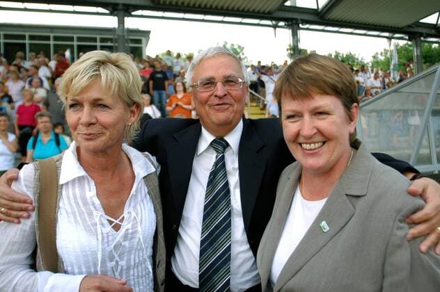 Bundestrainerin Silvia Neid (li.), DFB Präsident Dr. Theo Zwanziger (Mitte) und DFB Vorstandsmitglied Hannelore Ratzeburg (alle Deutschland), Vorsitzende des Ausschusses für Frauenfußball, anläßlich der Meisterfeier des FFC Frankfurt Fußball 1. BL Damen Saison 2006 2007, 1.FFC Frankfurt, Frauenfußball, Frauen Gruppe Frankfurt M. Harmonie, Fußball 1. BL Damen Saison 2006 2007, 1.FFC Frankfurt, Frauenfußball, Frauen Gruppe Frankfurt M. Harmonie,
