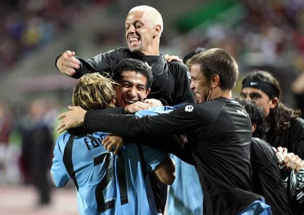 Torjubel Uruguay, u.a. Jorge Fucile (2.v.li.) - Fußball Länderspiel Herren Copa America 2007, Amerika, Südamerika, Südamerikameisterschaft, Meisterschaft Gruppe San Cristobal Freude, Begeisterung, Fußball Länderspiel Herren Copa America 2007, Amerika, Südamerika, Südamerikameisterschaft, Meisterschaft Gruppe San Cristobal Freude, Begeisterung,