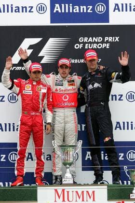 Siegerehrung GP von Europa 2007, v.li.: Zweiter Felipe Massa (Brasilien Ferrari), Sieger Fernando Alonso (Spanien McLaren Mercedes) und Dritter Mark Webber (Australien Red Bull) - Motorsport Grand Prix Herren Großer Preis von Europa 2007, Formel 1 Weltmeisterschaft, F1, F, GP, WM Gruppe Nürburgring Nürburg Freude, Motorsport Grand Prix Herren Großer Preis von Europa 2007, Formel 1 Weltmeisterschaft, F1, F, GP, WM Gruppe Nürburgring Nürburg Freude,