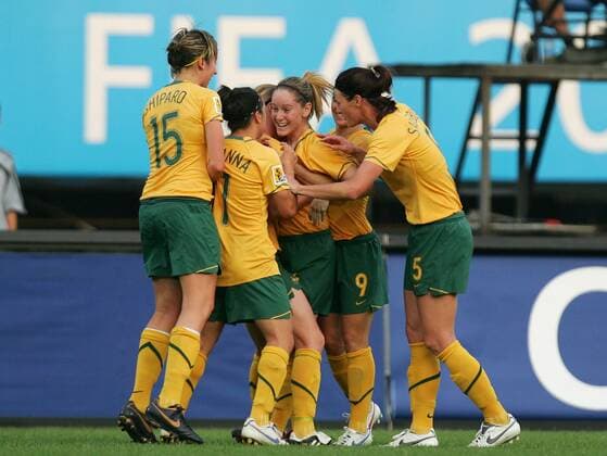 Torjubel Australien - Fußball Länderspiel Damen WM 2007, Frauenfußball, Frauen, Nationalteam, Nationaltrikot, Gruppe C Gruppe Chengdu Freude, Fußball Länderspiel Damen WM 2007, Frauenfußball, Frauen, Nationalteam, Nationaltrikot, Gruppe C Gruppe Chengdu Freude,