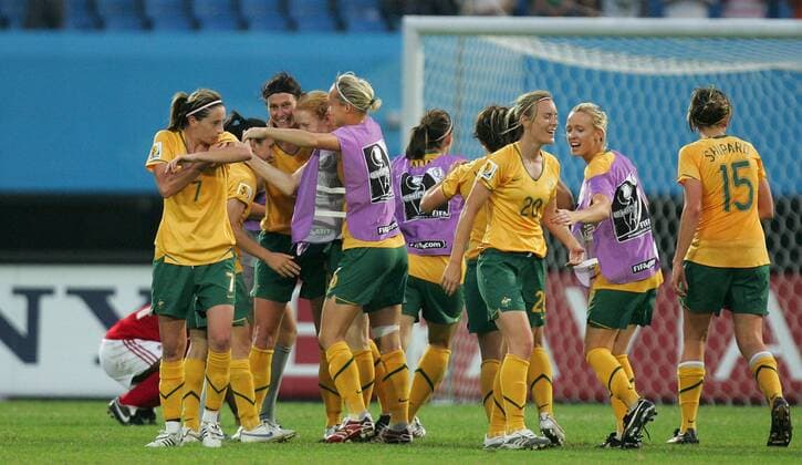 Schlussjubel Australien - Fußball Länderspiel Damen WM 2007, Nationalmannschaft, Nationaltrikot, Frauen, Gruppe C, Frauenfußball, Australien Gruppe Chengdu Freude, Begeisterung, Fußball Länderspiel Damen WM 2007, Nationalmannschaft, Nationaltrikot, Frauen, Gruppe C, Frauenfußball, Australien Gruppe Chengdu Freude, Begeisterung,
