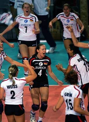 Schlussjubel Deutschland, u.a. Kerstin Tzscherlich (Mitte) - Volleyball EM Damen EM 2007, Nationalteam, Nationaltrikot, Länderspiel Gruppe Charleroi Begeisterung, Freude, Volleyball EM Damen EM 2007, Nationalteam, Nationaltrikot, Länderspiel Gruppe Charleroi Begeisterung, Freude,