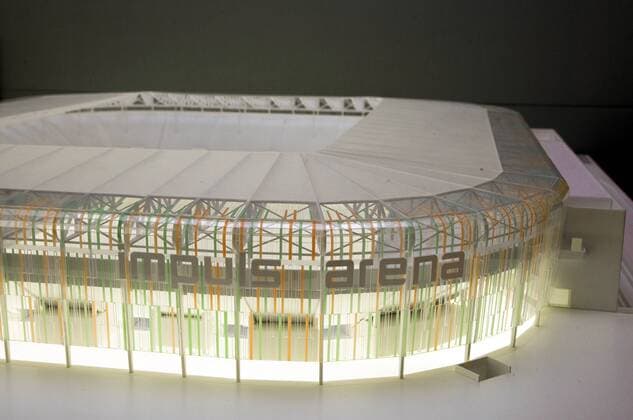 Fußball, Stadiongeschichte FC Augsburg Modell der neu geplanten Impuls Arena, zukünftige Heimspielstätte des FC Augsburg Fußball 2. BL Herren Saison 2007 2008, FC Augsburg, Stadion, Fußballstadion, Stadionentwurf, Planungskonzept Totale Impuls Arena, ImpulsArena Augsburg Fußball 2. BL Herren Saison 2007 2008, FC Augsburg, Stadion, Fußballstadion, Stadionentwurf, Planungskonzept Totale Impuls Arena, ImpulsArena Augsburg