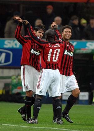 Torjubel AC Mailand, v.li.: Kaka, Clarence Seedorf und Ronaldo - Fußball Herren Serie A 2007 2008, 1. Italienische Liga, AC Mailand, Milan, Gruppe Mailand Freude, Fußball Herren Serie A 2007 2008, 1. Italienische Liga, AC Mailand, Milan, Gruppe Mailand Freude,