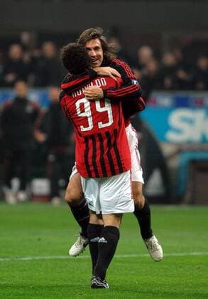 Ronaldo (vorn) - Torjubel mit Andrea Pirlo (beide AC Mailand) - Fußball Herren Serie A 2007 2008, 1. Italienische Liga, AC Mailand, Milan Gruppe Mailand Harmonie, Freude, Fußball Herren Serie A 2007 2008, 1. Italienische Liga, AC Mailand, Milan Gruppe Mailand Harmonie, Freude,