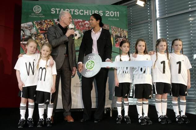 Steffi Jones, OK Präsidentin Frauen Fußball WM 2011, und Franz Beckenbauer (beide Deutschland) anlässlich der Büro Eröffnung des OK FIFA WM 2011 in der Frankfurter DFB Zentrale Fußball Damen WM Organisation 2008, Nationalteam, Frauen, Frauenfußball, Büroeröffnung, Einweihung, Schlüssel Gruppe o0 Schlüsselübergabe, Übergabe, übergeben Frankfurt M. Fußball Damen WM Organisation 2008, Nationalteam, Frauen, Frauenfußball, Büroeröffnung, Einweihung, Schlüssel Gruppe o0 Schlüsselübergabe, Übergabe, übergeben Frankfurt M.