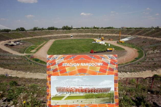 Baustelle Stadion Narodowy in Warschau, Austragungsort der Euro 2012 - (150508DAB038) Fußball EM Herren Vorschau Euro 2012, Austragungsort, Wettkampfstätte, Stadion, Fußballstadion, innen, Innenansicht, Totale o0 2008 Warschau Leere, Fußball EM Herren Vorschau Euro 2012, Austragungsort, Wettkampfstätte, Stadion, Fußballstadion, innen, Innenansicht, Totale o0 2008 Warschau Leere,