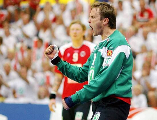 Torwart Steinar Ege (Norwegen) jubelt - Handball Länderspiel Herren Olympiaqualifikation 2008, Olympia Qualifikation, Nationalteam, Nationaltrikot Einzelbild Begeisterung, Freude, Handball Länderspiel Herren Olympiaqualifikation 2008, Olympia Qualifikation, Nationalteam, Nationaltrikot Einzelbild Begeisterung, Freude,