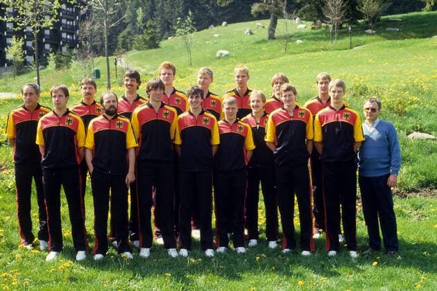 EuroBasket 2022, DBB, Historie, EM - Historie EM Kader Deutschland, u. a.: Detlef Schrempf (2. v. re.), Christian Welp (3. v. re.), Gunther Behnke (7. v. re.) und Kai Nürnberger (8. v. re.) Basketball EM Herren EM 1983, Nationalmannschaft, Junioren, Jugend, Nachwuchs Totale Aufnahmedatum geschätzt