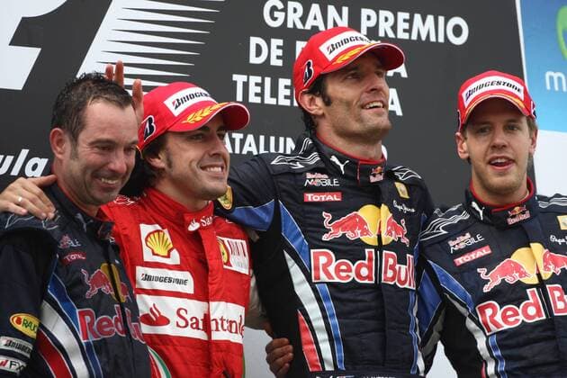 Race, Mark Webber (Australia, 2R), Red Bull Racing, RB6 race winner, Fernando Alonso (ESP, 2L), Scuderia Ferrari, F10 2nd position and Sebastian Vettel (GER, R), Red Bull Racing, RB6 3rd position, , Kenny Handkammer (Red Bull) Spanish Grand Prix, Barcelona, Spain 6-9 May 2010 o0 Sieg Jubel Freude Siegerehrung