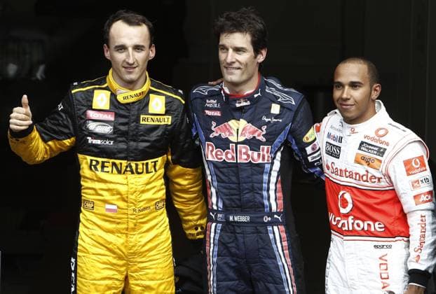 Motorsports Formula 1: World Championship 2010, GP of Belgium, 11 Robert Kubica (Poland, Renault F1 Team, L), Pole Position for Mark Webber (Australia, Red Bull Racing, C), 02 Lewis Hamilton (GBR, Vodafone McLaren Mercedes), xHOCHxZWEIx