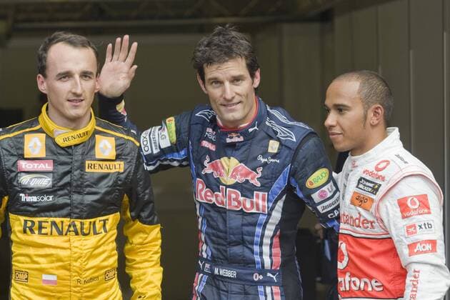 Die ersten Drei im Qualifying (v.l.): Robert KUBICA (POL), 3. Platz , Renault F1 Team, Mark WEBBER (AUS),1. Platz, Red Bull Racing und Lewis HAMILTON (GBR), 2. Platz, Vodafone McLaren Mercedes; Halbfigur, Querformat; Freude, Jubel; Qualifying, Qualifikation am 28.08.2010 in Spa Belgien; Formel 1 Grosser Preis von Belgien in Spa-Francorchamps am 29.08.2010 o0 Pole Position