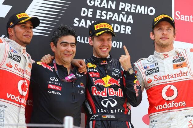 22.05.2011- Race, Sebastian Vettel (GER), Red Bull Racing, RB7 race winner, Lewis Hamilton (GBR), McLaren Mercedes, MP4-26 2nd position and Jenson Button (GBR), McLaren Mercedes, MP4-26 3rd position and Peter Prodomou (Red Bull, Head of Aerodynamics, 2.L) Spanish Grand Prix, Barcelona, Round 5, 19-22 May 2011
