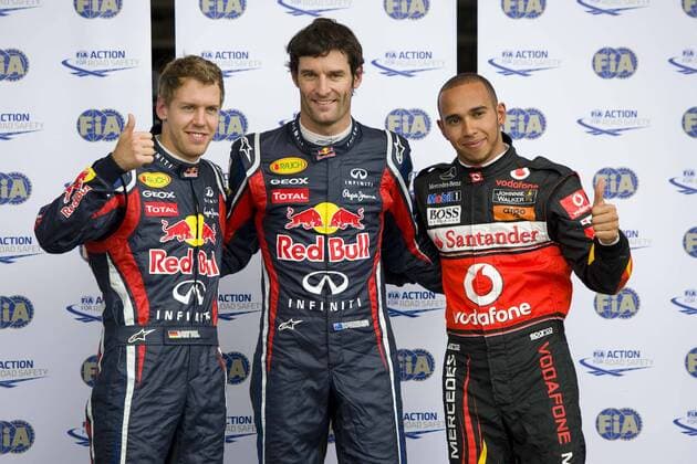3. Platz für Sebastian VETTEL (GER), Red Bull Racing, 1.Platz für Mark WEBBER (AUS), Red Bull Racing, 3.Platz für Lewis HAMILTON (GBR), MCLaren Mercedes, Qualifikation, Quali, Bestplatzierte, beste, halbe Figur, Halbfigur, Qualifying am 23.07.2011 Formel 1, Grosser Preis von Deutschland am Nürburgring vom 21.7. - 24.07. 2011, Saison2011,