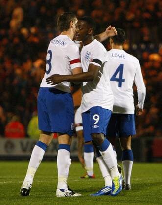Marvin Sordell of England celebrates scoring his side s first goal during the Under-21 Euro 2013 qualifying match between England and Iceland at Weston Homes Community Stadium, Colchester, on November 10, 2011 U21 International England U21 v Iceland U21 10th November, 2011 EDITORIAL USE ONLY. No use with unauthorised audio, video, data, fixture lists, club league logos or live services. Online in-match use limited to 120 images, no video emulation. No use in betting, games or single club league player publications.