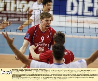 Jubel bei Max GÜNTHÖR, GUENTHOER (Generali Haching), Volleyball, Männer, playoff, Finale, Generali Haching vs Berlin Recycling Volleys, 07.04.2012, GER, Deutschland,