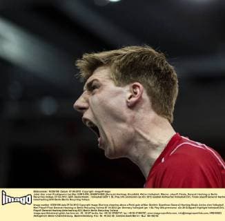 Jubel über einen Punktgewinn bei Max GÜNTHÖR, GUENTHOER (Generali Haching), Einzelbild, Aktion Volleyball, Männer, playoff, Finale, Generali Haching vs Berlin Recycling Volleys, 07.04.2012, GER, Deutschland,