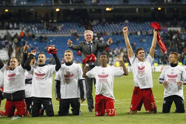 Jubel, Freude, Emotionen, Feiern, Lachen, jubelt, freuen, reisst die Arme hoch, ballt die Faust REAL MADRID - FC BAYERN MÜNCHEN Fussball UEFA Champions League, Halbfinale Rückspiel, Madrid, 25.04.2012 CL Saison 2011 2012, FCB, RM, München