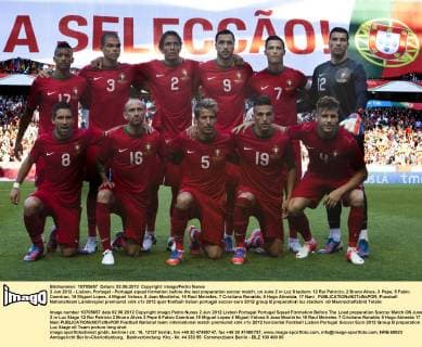 2 Jun 2012 - Lisbon, Portugal - Portugal squad formation before the last preparation soccer match, on June 2 in Luz Stadium: 12 Rui Patricio, 2 Bruno Alves, 3 Pepe, 5 Fabio Coentrao, 19 Miguel Lopes, 4 Miguel Veloso, 8 Joao Moutinho, 16 Raul Meireles, 7 Cristiano Ronaldo, 9 Hugo Almeida, 17 Nani