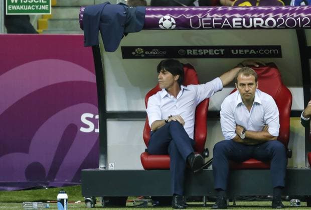 DFB Bundestrainer Joachim LOEW, LÖW Emotionen, enttäuscht, Enttäuschung, Frust, frustriert, Trauer ,traurig, verzweifelt, Verzweiflung, DFB Co Bundestrainer Hans Dieter FLICK , Portrait, Porträt GERMANY - ITALY (1 :2 ), DEUTSCHLAND - ITALIEN 1-2 Halbfinale, Semifinal, Deutsche Fussball Nationalmannschaft, DFB EM Euro 2012 am 28.06.2012 in Warschau, Europameisterschaft 2012 in P o l e n, U k r a i n e