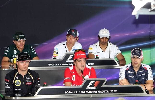 formula 1 GP, Ungarn in Budapest, 26.07.2012, Kimi Raikkonen, Lotus F1 Team, Fernando Alonso, Scuderia Ferrari, Pastor Maldonado, Williams F1 Team, Heikki Kovalainen, Caterham F1 Team, Kamui Kobayashi, Sauber F1 Narain Karthikeyan, HRT F1 Team, PK, Photo:mspb Lukas Gorys formula 1 GP, Ungarn, PK,