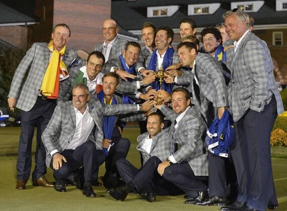 Team Europe poses at the 39th Ryder Cup at Medinah Country Club, L-R Co Cptn. Miguel Angel Jimenez, Paul McGinley, Francesco Molinari, Thomas Bjoern, Nicolas Colsaerts, Lee Westwood, Ian Poulter, Jose Maria Olazabal, Sergio Garcia, Graeme McDowell, Justin Rose, Martin Kaymer, Rory McIlroy, Darren Clarke. CHI2012093034