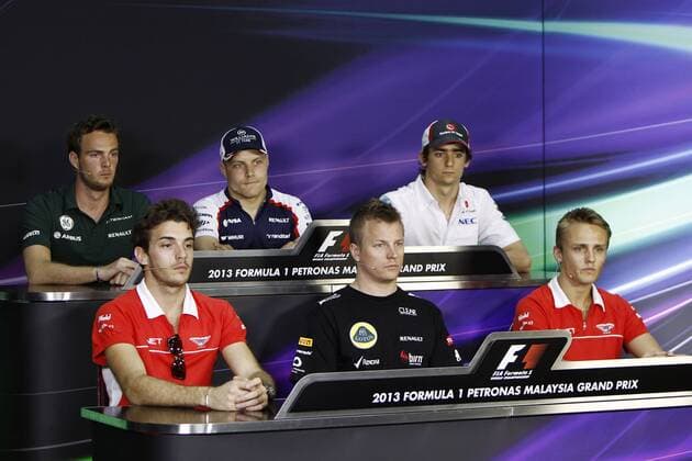 Motorsports: FIA Formula One World Championship 2013, Grand Prix of Malaysia, 22 Jules Bianchi (FRA, Marussia F1 Team), 7 Kimi Raeikkoenen (FIN, Lotus F1 Team), 23 Max Chilton (GBR, Marussia F1 Team), 21 Giedo van der Garde (NLD, Caterham F1 Team), 17 Valtteri Bottas (FIN, Williams F1 Team), 12 Esteban Gutierrez (MEX, Sauber F1 Team), xHOCHxZWEIx
