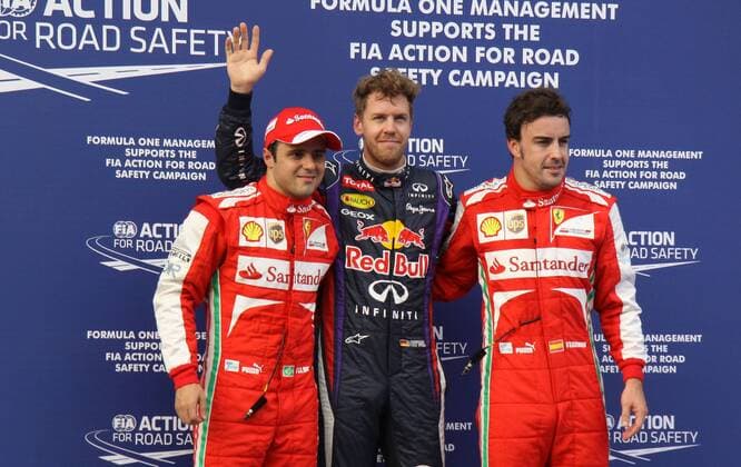 formula 1 GP, Malaysia in Kuala Lumpur Sepang, 23.03.2013, Sebastian Vettel, Red Bull Racing, Pole vor Felipe Massa, und Fernando Alonso Scuderia Ferrari, Photo:mspb Thomas Melzer formula 1 GP, Malaysia, Sebastian Vettel, Felipe Massa, Fernando Alonso Scuderia,