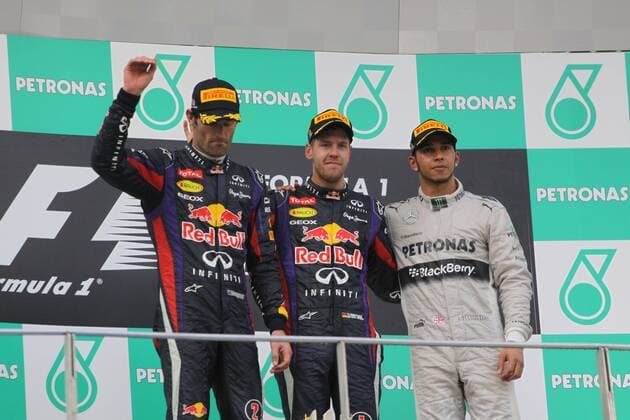 formula 1 GP, Malaysia in Kuala Lumpur Sepang, 24.03.2013, Sebastian Vettel, Mark Webber, Red Bull Racing, Lewis Hamilton, Mercedes Grand Prix, Podium, Photo:mspb Thomas Melzer formula 1 GP, Malaysia, Sebastian Vettel, Mark Webber, Lewis Hamilton, Podium,