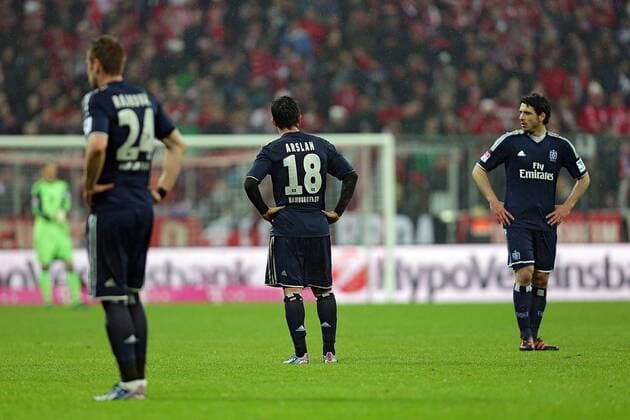30.03.2013, xovx, 1.Bundesliga, Bayern München - Hamburger SV, v.l. Slobodan Rajkovic (Hamburger SV), Tolgay Arslan (Hamburger SV), Gojko Kacar (Hamburger SV), enttäuscht, enttäuscht schauend, dissapointed, Freisteller.