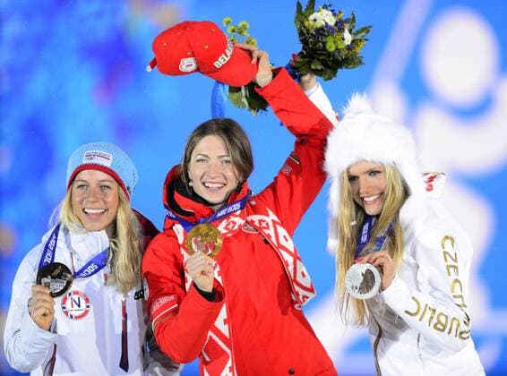 Medalists in the women s biathlon 12.5K mass start, left to right, Tiril Eckhoff of Norway, bronze, Darya Domracheva of Belarus, gold, and Gabriela Soukalova of the Czech Republic, silver, pose with their medals at the 2014 Winter Olympics in Sochi, Russia, Tuesday, February 18, 2014. (CTKxPhoto RomanxVondrous) CTKPhotoP201402180930501
