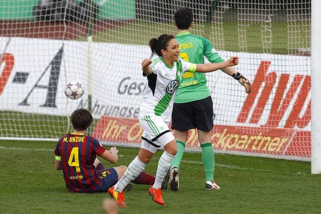 23.03.2014, VfL Stadion am Elsterweg, Wolfsburg, Frauenfussball, Champions-League, Viertelfinale, Hinspiel, VfL Wolfsburg (GER) vs FC Barcelona (ESP), im Bild Nadine Kessler (13, VfL Wolfsburg) jubelt nach ihrem Tor zum 1:0 für Wolfsburg GER, CL, VfL Wolfsburg (GER) vs FC Barcelona (ESP)